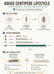 Infographic: house centipede lifecycle, lifespan comparison, and house centipede vs garden symphylan differences