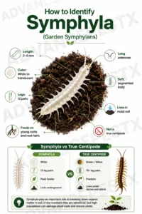 Educational infographic showing how to identify Symphyla (Scutigerella immaculata), including key identification features and a comparison with a true centipede.