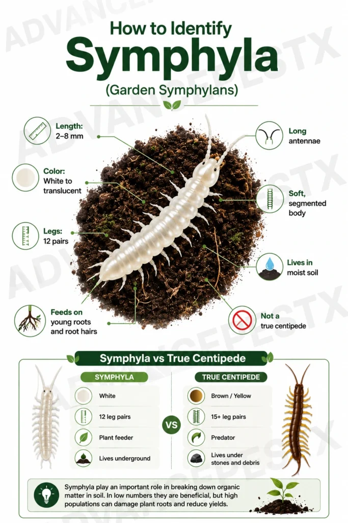 Educational infographic showing how to identify Symphyla (Scutigerella immaculata), including key identification features and a comparison with a true centipede.