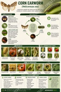infographic showing the corn earworm (Helicoverpa zea) life cycle, identification, crop damage, infestation signs, and integrated pest management methods for corn, tomatoes, peppers, cotton, and other crops.